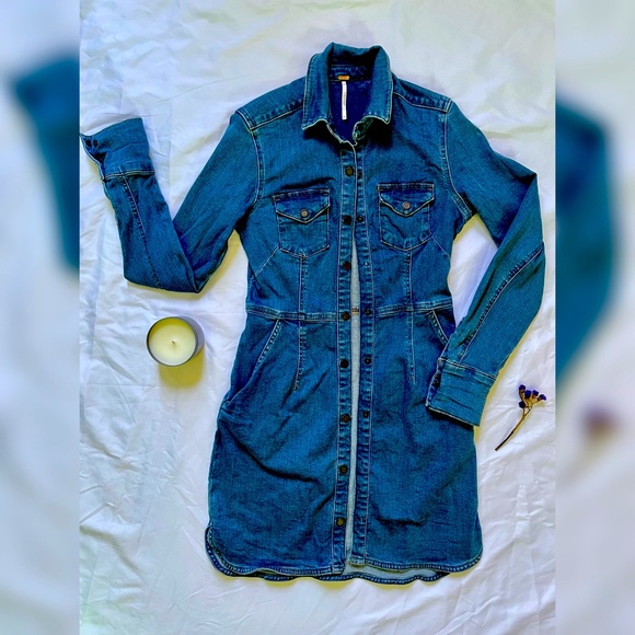 Free People Dinomyte In Denim Long- Sleeve Mini Dress - Picture 1 of 9